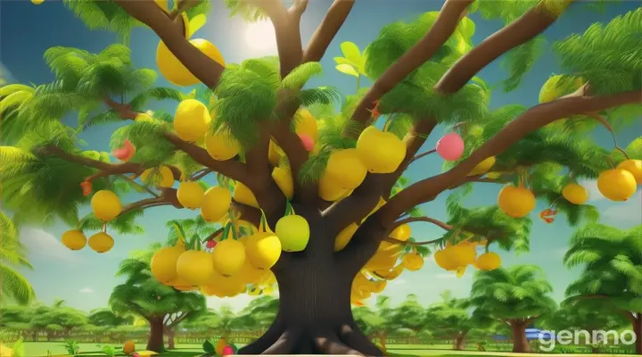 A bright yellow mango hanging from a lush green tree under the sunshine.. 3d animation for kids. 16:9