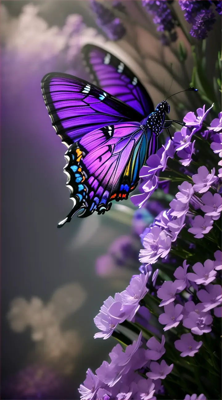 "Dramatic painting of a stunning vivid purple butterfly laying on purple flowers such as lavenders and purple hydrangeas. The butterfly and flowers pop in color against the dark black background. The background has fog and burnt edges., painting, vibrant"