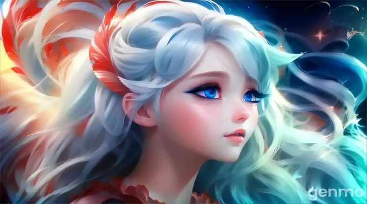 a painting of a mermaid with white hair and blue eyes