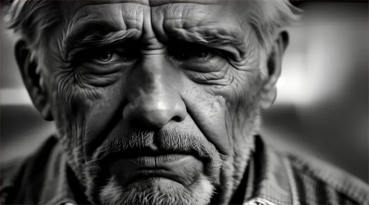 detail of tears in the eyes of a wrinkled abandoned man, with gray stubble on his face and in the dark, realistically displayed facial details in high photo quality