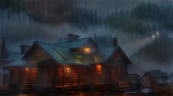 a cabin is lit up in the rain