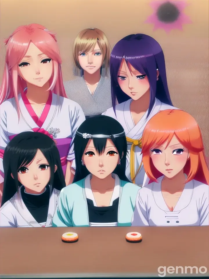 Señoritas de anime Bleach.Riruka Dokagamine les sirve unas donas a algunas shinigamis como Rukia,Momo,Kiyone,Matsumoto y Orihime