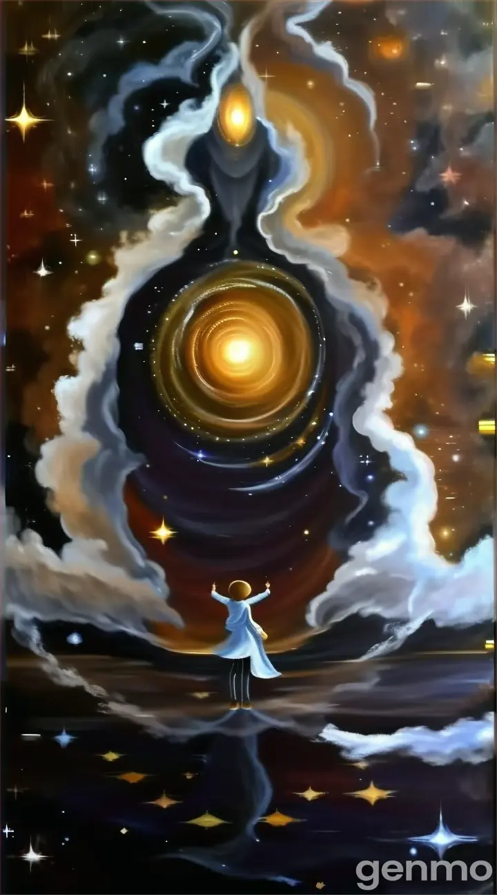 a painting of a person standing in the middle of a galaxy