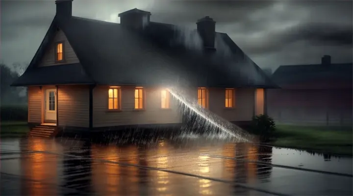 night Rain on attic roof, House at night, realistically displayed rain in high resolution