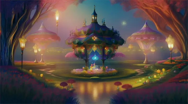 "Fantastical creatures playing flutes" in a magical garden full of glowing fairy lanterns and vibrant flora