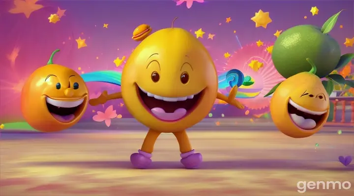 a mango character with a smiley face, jumping into a cartoon tummy. 3d animation for kids. 16:9