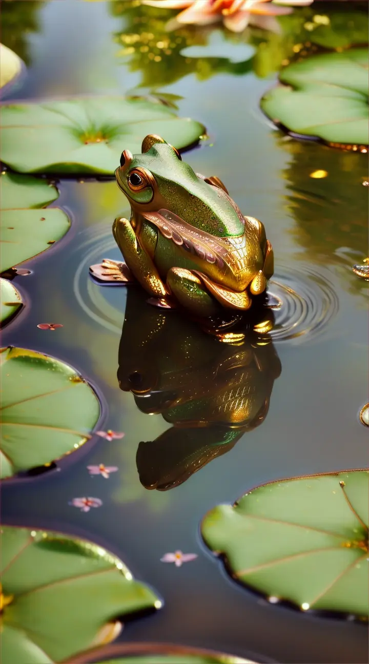A stunning, ultra-high-definition image of a full copper frog perched gracefully on a lily pad. The frog's metallic copper scales shim

mer and reflect the sunlight, casting a warm glow across the serene pond. The background showcases a beautiful garden with vibrant flora and fauna, creating a tranquil and enchanting atmosphere.