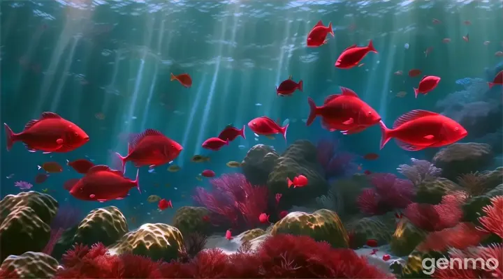 a group of red fish swimming over a coral reef