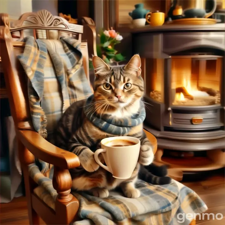 a cat sitting on a chair with a cup of coffee