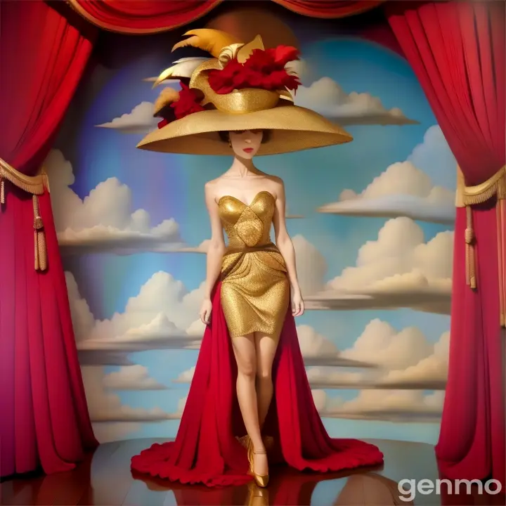 a woman in a gold dress and red hat , moving clouds