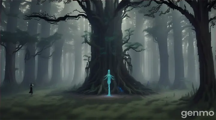 Szene 5: Doch die Gestalt ist nicht, was sie erwartet hat. Pixel Cartoon Art: Es ist ein  verfluchter mystischer animierter 3D Geist, der seit Jahrhunderten im Wald gefangen ist. realistic hyper-detailierte hyperreale Bewegung