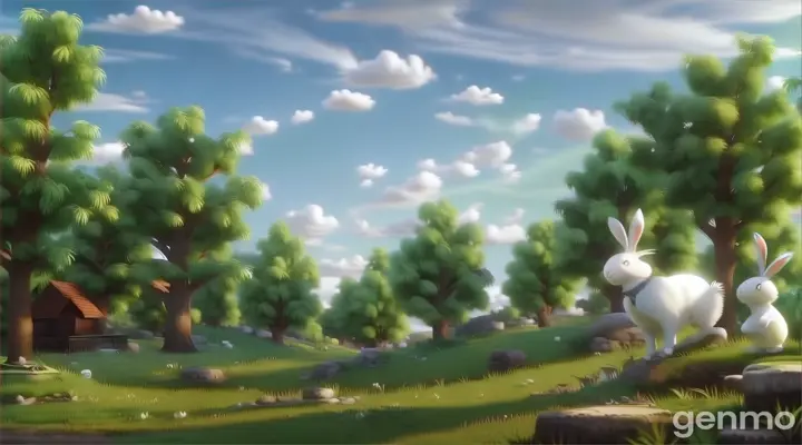 a white rabbit standing on top of a lush green field