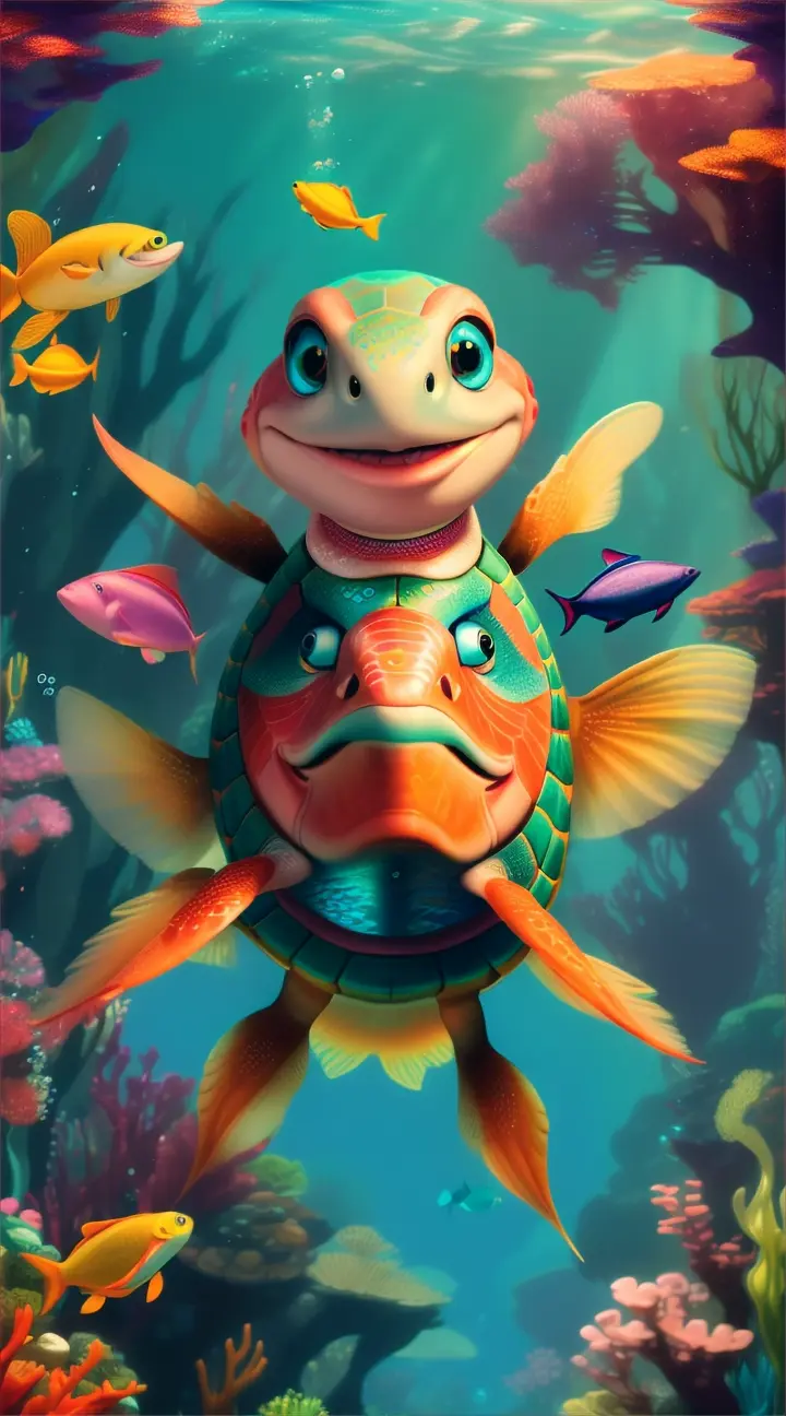 Fish’s eyes sparkled with an idea. 'Don't worry, Turtle! Hop on my back. I'll take you there in no time!