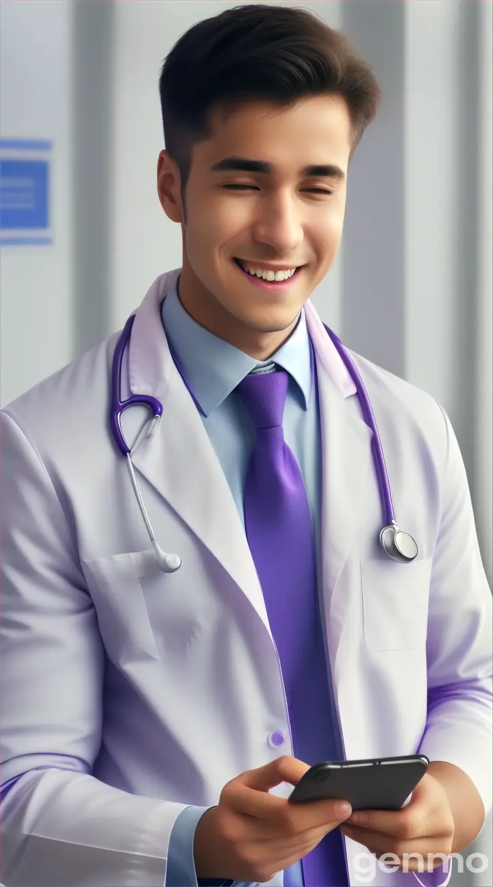   a doctor young man is working with his purple smartphone and is laughing