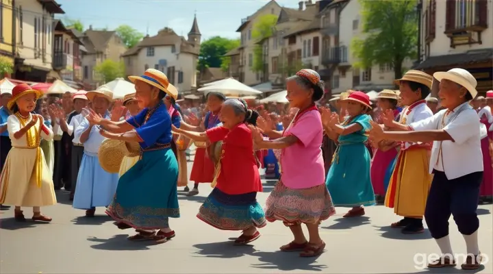 The village streets come alive with people joining in, dancing and clapping hands.
Musicians playing instruments like drums, cymbals, and tambourines, adding to the festive atmosphere.
Children and elders alike participating in the dance, showcasing unity and happiness.