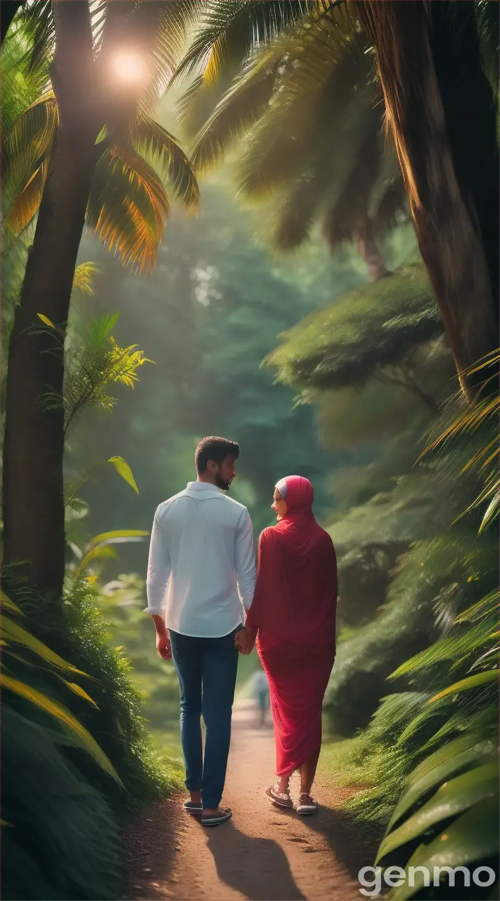 A couple ( a pretty young woman wearing hijab with a handsome man) are walking through a jungle happily