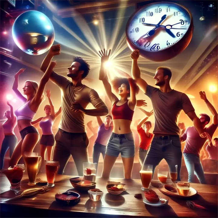 Scene: Midnight shot, everyone dancing tirelessly Characters: Whole club, with focus on the friends Details: Clock showing midnight in the night club, drinks being raised, bodies in constant motion