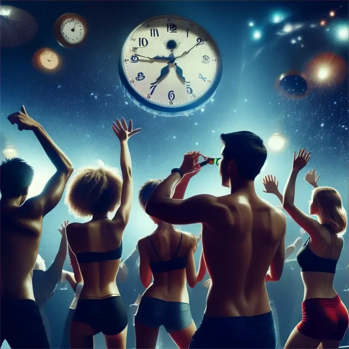 Scene: Midnight shot, everyone dancing tirelessly Characters: Whole club, with focus on the friends Details: Clock showing midnight in the night club, drinks being raised, bodies in constant motion