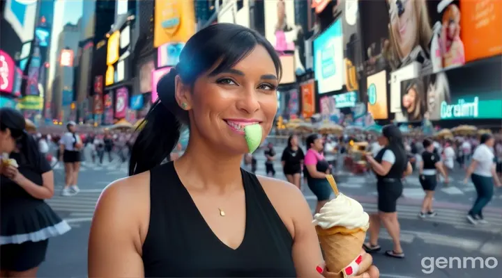 une belle femme de 40 ans, souriante, aux cheveux noirs et aux yeux verts clairs, avec une frange sur le front et une queue de cheval, mange une glace  dans New York à Time Square