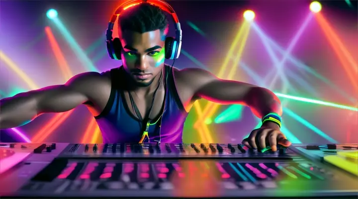 Scene: DJ controlling the crowd Characters: DJ with headphones and the crowd Details: DJ booth with equipment, DJ raising hands, crowd mimicking