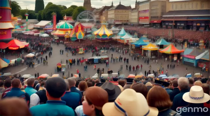 low angle shot of a huge crowd in a fair and there is some police