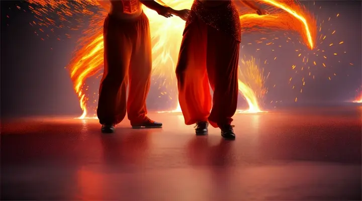 Scene: Figurative scene of a dance floor "on fire" Characters: Energetic crowd Details: Floor glowing, intense movements, fire-like effects