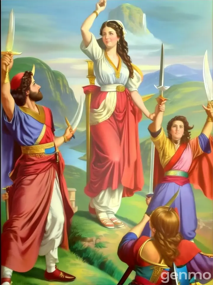 a painting of a woman holding two swords