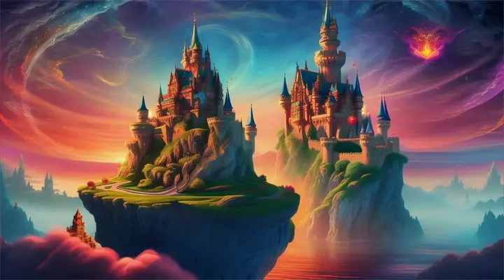 A levitating castle surrounded by floating islands with a magical wizard casting a spell in the foreground