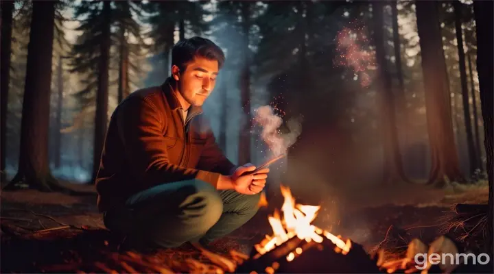 man sit on the earth forest sharing stories of the past. Time flew by, and the night grew darker. and during camping
