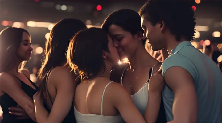 Scene: Club at dawn with friends still dancing Characters: Main group, few remaining club-goers Details: Early morning light peeking in, friends still energized, closing shot of them embracing each other