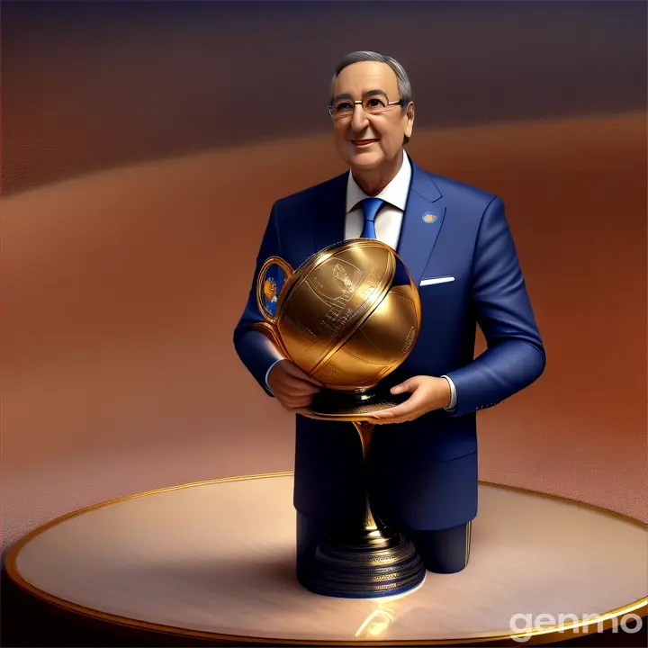 Florentino Pérez, president of Real Madrid, placing the Champions Cup in a half-lit display case while the cups next to it fall from all the others due to lack of space in 3D digital Pixar cartoon You can see how the other Champions Cups are falling to the ground 