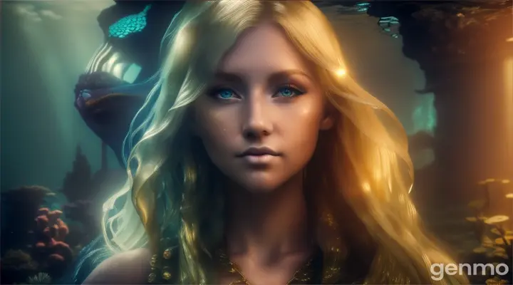(masterpiece, best quality), close up, A beautiful blonde mermaid with piercing eyes glancing down towards the ground, in the ruins of Atlantis. a dark and moody atmosphere deep depths of the ocean, sea floor, ground, water motion,
