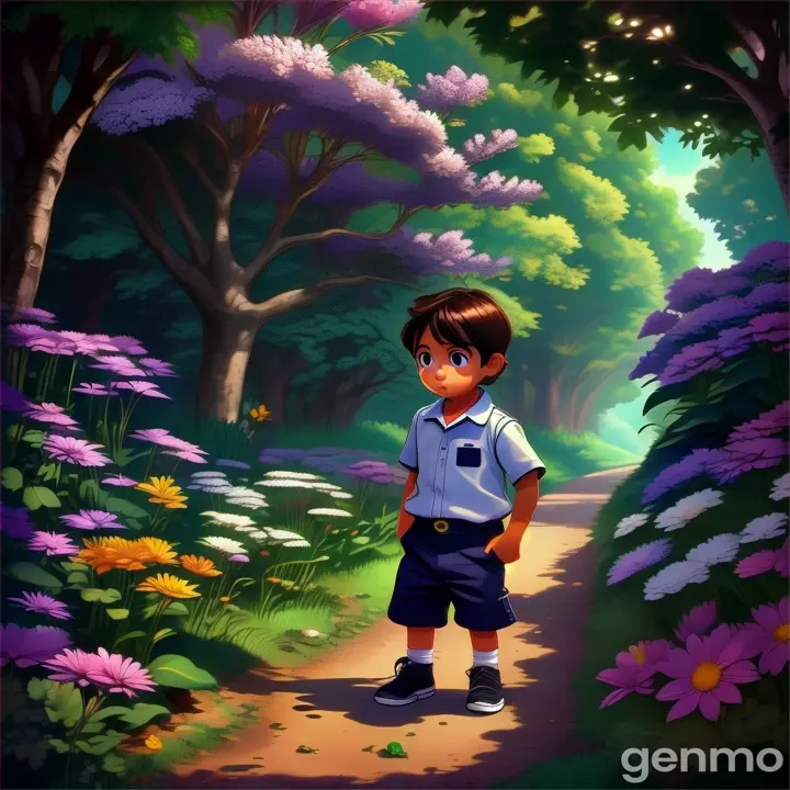 a little boy standing in the middle of a forest