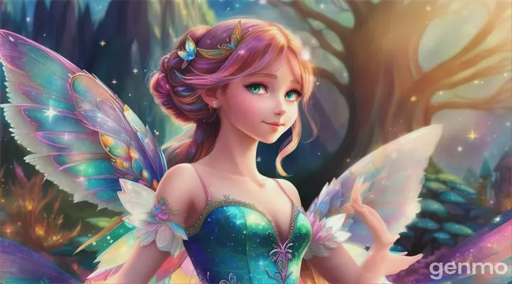Cartoon very beautiful 20 years old crystal fairy shock in fairy land 