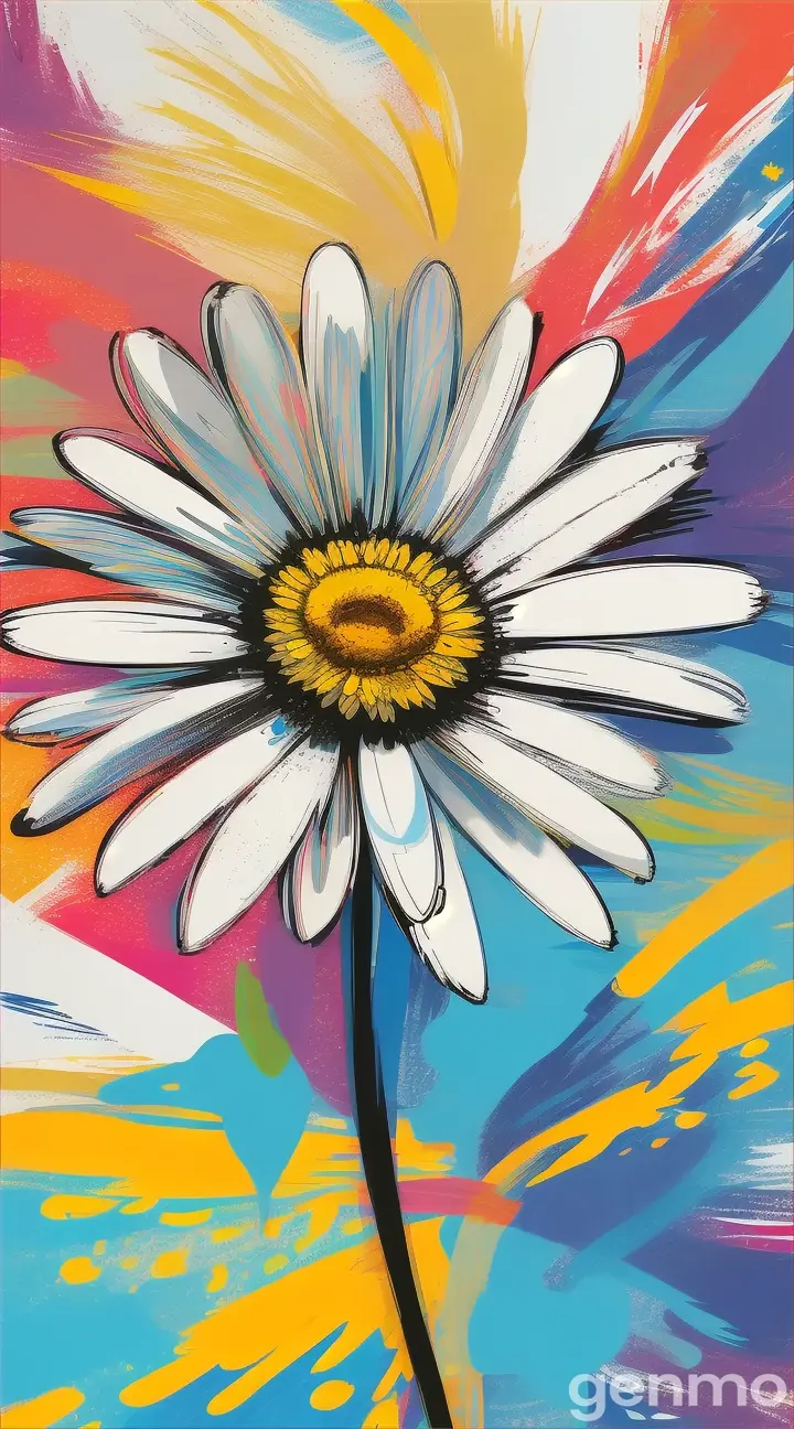 '''! Drawing: bright day, stylized single daisy against a background of blue sky and sun (large strokes with strokes, strokes, blots) On an abstract pop art background with spots and strokes. Рисунок: светлый день, стилизованная одиночная ромашка на фоне голубого неба и солнца (крупными мазками с обводкой, штрихами, кляксами) На абстрактном фоне поп-арта с пятнами и штрихами.