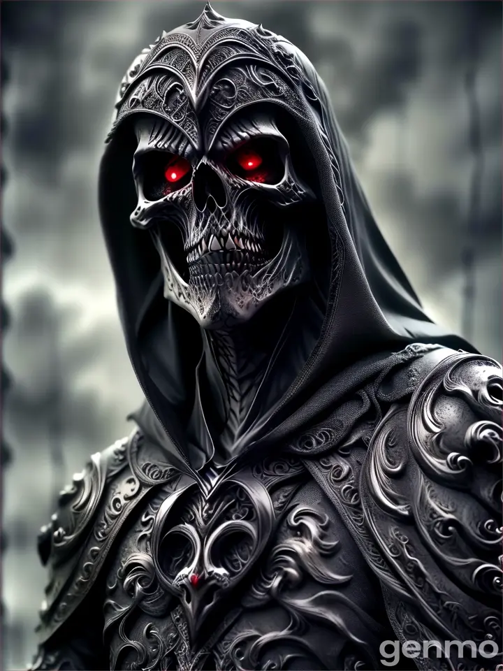 a skeleton with red eyes and a hooded outfit