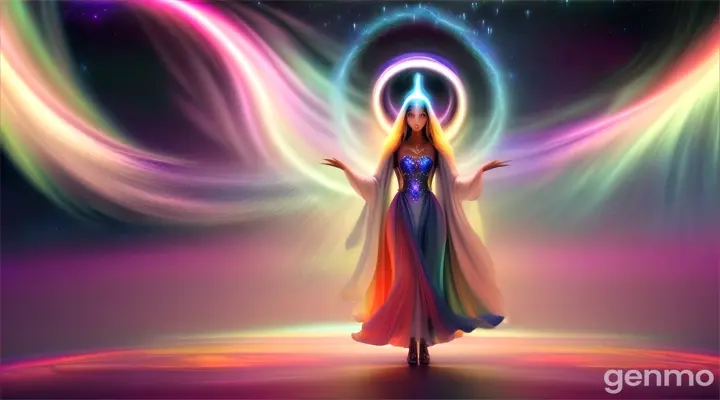 Surreal humanoid figures dancing or gracefully moving in front of a colorful, otherworldly sky filled with planets and stars of various sizes and brightness