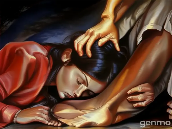 a painting of a woman laying on the ground