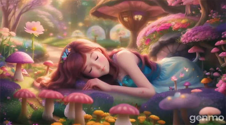 Cartoon very beautiful 20 years old fairy sleeping in fairy land 