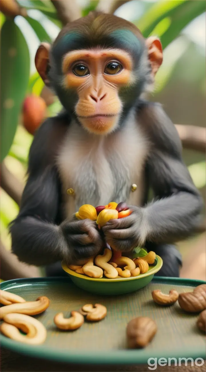 A small monkey hold the tray with cashew fruits 