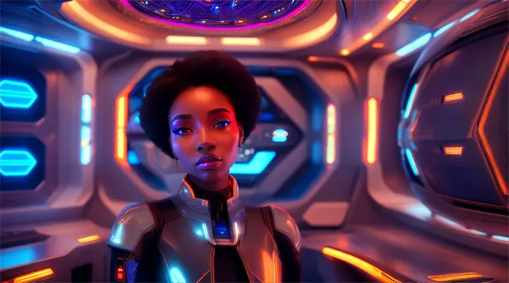 “FUTURISTIC BEAUTIFUL AFRICAN WOMAN looking into THE CAMERA INSIDE OF A HI-tech spaceship” 1451508486