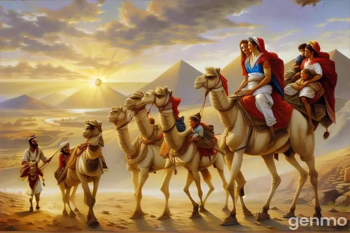 a painting of a family riding a camel