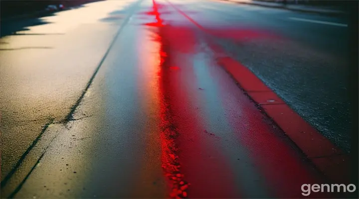 Red food coloring spilled on the sidewalk. Cinematic lighting