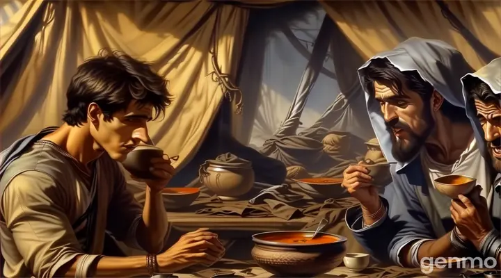 a painting of two men sitting at a table with a bowl of soup