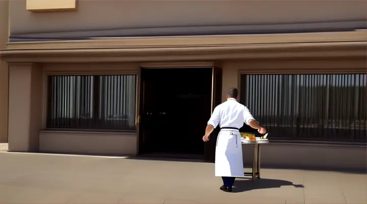 Scene 4
create a video near the entrance to the restaurant, general shot, magnificent exterior, beautiful weather. A brutal chef stands at the entrance to the restaurant and invites guests to a clean restaurant that shines with cleanliness and attracts attention. People come up to the chef and ask something. Focus on important details, hands, fingers, face, hyperrealism