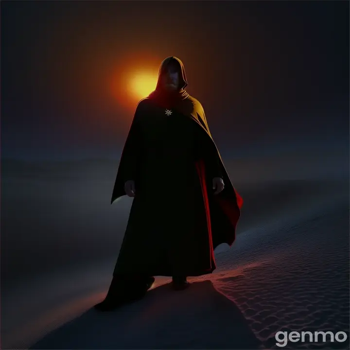 a man in a cape standing in the desert. When he turns his one eye glows red.