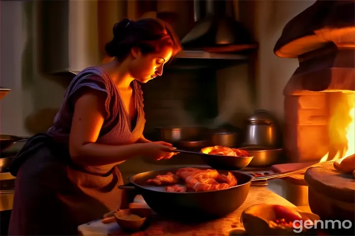 a woman is cooking meat in a skillet