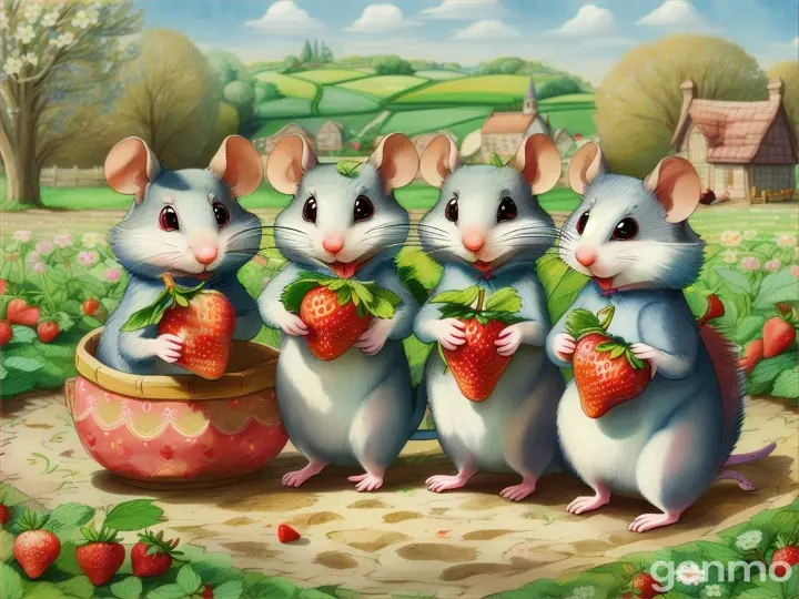 Illustrate the mischievous group of mice stealing strawberries from the nearby fields.