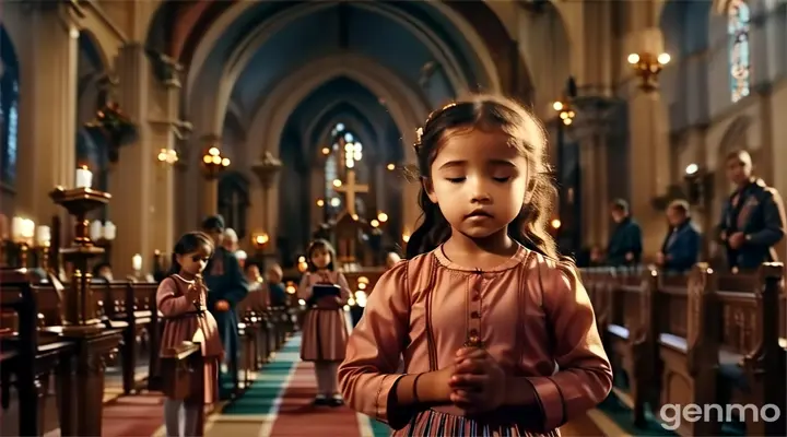 a little girl standing in front of a pew in a church