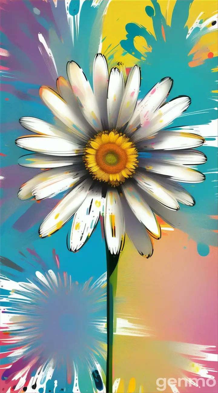 '''! Drawing: bright day, stylized single daisy against a background of blue sky and sun (large strokes with strokes, strokes, blots) On an abstract pop art background with spots and strokes. Рисунок: светлый день, стилизованная одиночная ромашка на фоне голубого неба и солнца (крупными мазками с обводкой, штрихами, кляксами) На абстрактном фоне поп-арта с пятнами и штрихами.